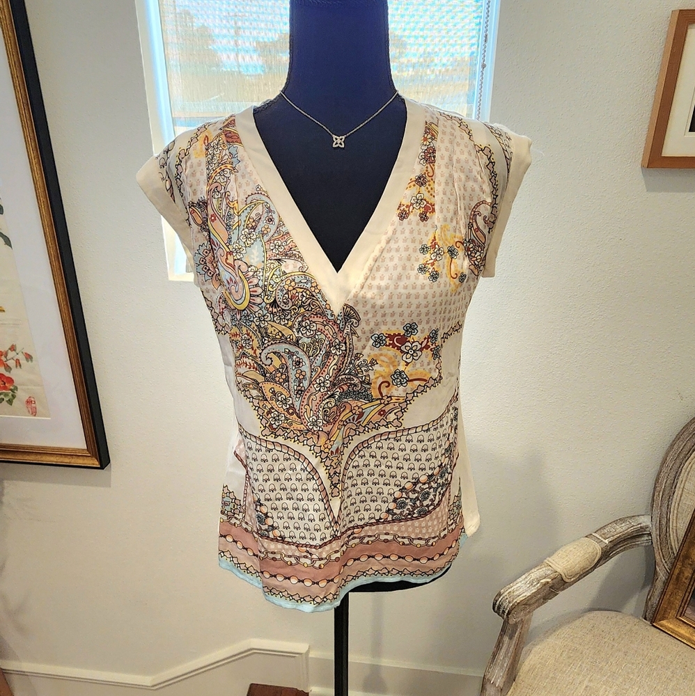 Hale Bob Multicolor Paisley Silk-like V-Neck Blouse With Jersey Back
